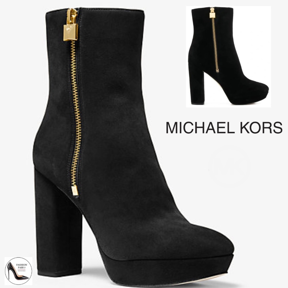Michael Kors Frenchie Black Suede Stiletto Block Heel Platform Logo Ankle Bootie